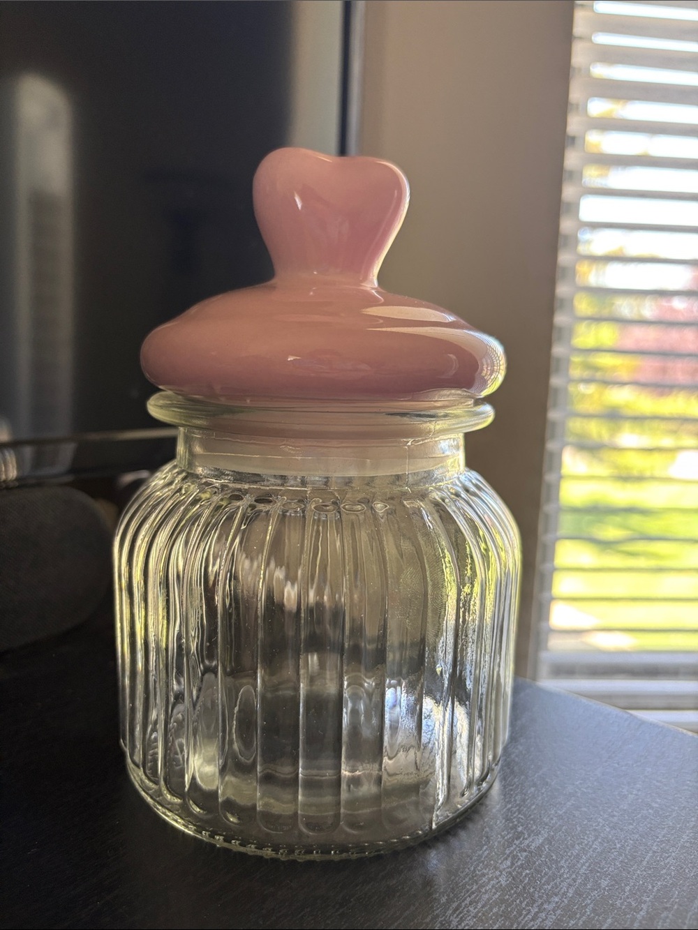 Glass Ribbed Jar with Pink Heart Lid